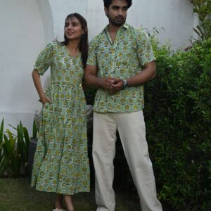 Couple Matching Light Green Printed Cotton Anarkali Midi Dress & Shirt Set ? Summer Casual Wear
