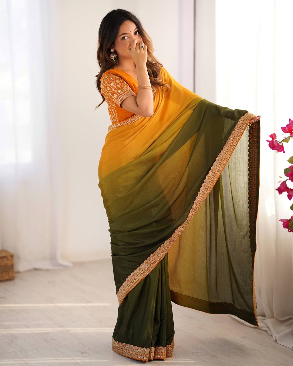 Women's Elegant Ombre Green Georgette Saree with Intricate Golden Zari & Stone Embellishments β Complete with Heavily Worked Blouse for Festive & Wedding Wear - Image 17
