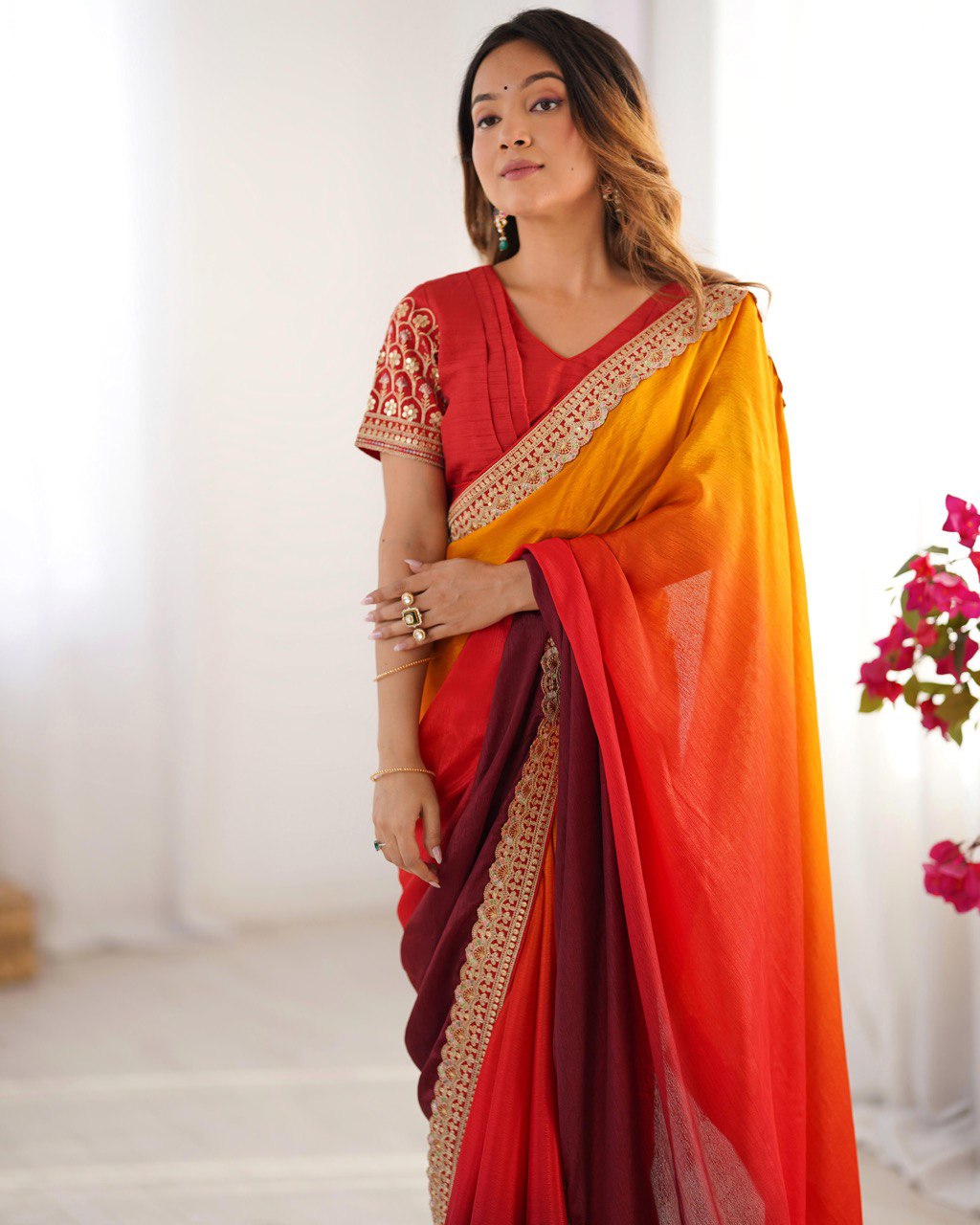 Women's Elegant Ombre Green Georgette Saree with Intricate Golden Zari & Stone Embellishments β Complete with Heavily Worked Blouse for Festive & Wedding Wear - Image 9
