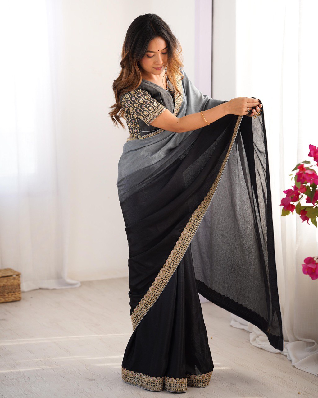Women's Elegant Ombre Green Georgette Saree with Intricate Golden Zari & Stone Embellishments β Complete with Heavily Worked Blouse for Festive & Wedding Wear - Image 2